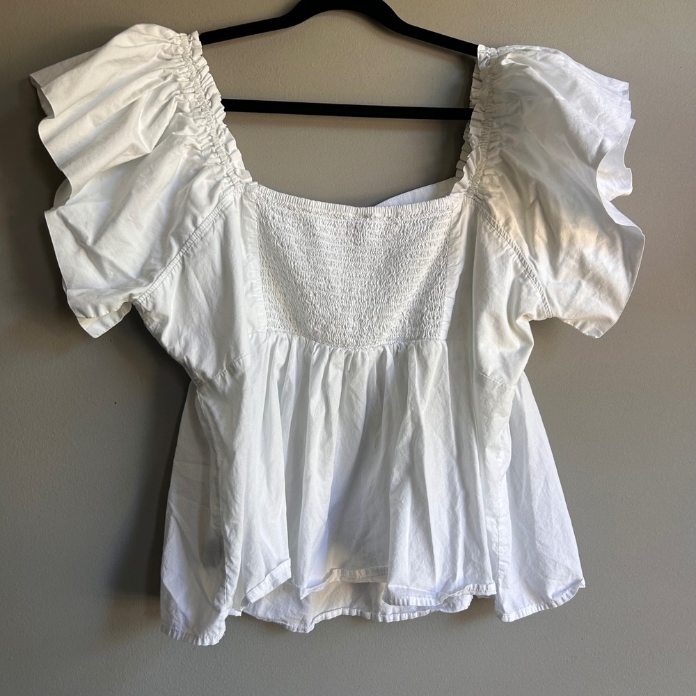Old Navy White Cotton Flutter Sleeve Peplum Smocked Top 2X Sweetheart Neck - Picture 2 of 8